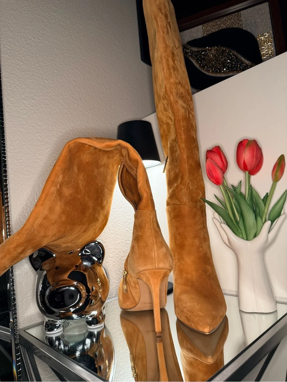 Vince Camuto Tall Suede Vases-Inspired Decorative Pair in Chestnut Brown